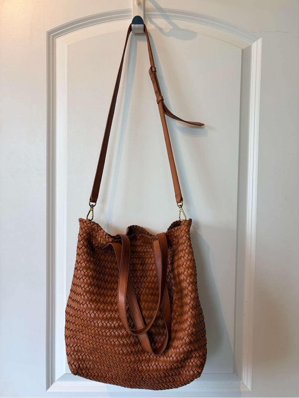 Madewell Woven Leather Tote Bag in Cognac Brown shoulder &top strap